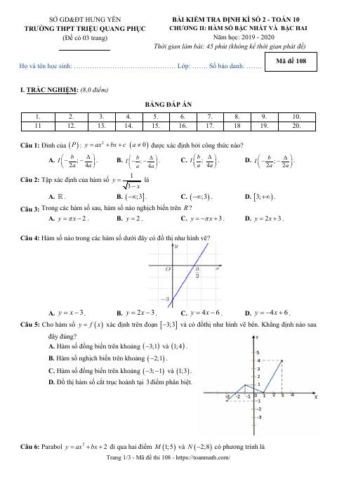 Bài kiểm tra định kì số 2 Toán 10 năm 2019 – 2020 trường Triệu Quang Phục – Hưng Yên